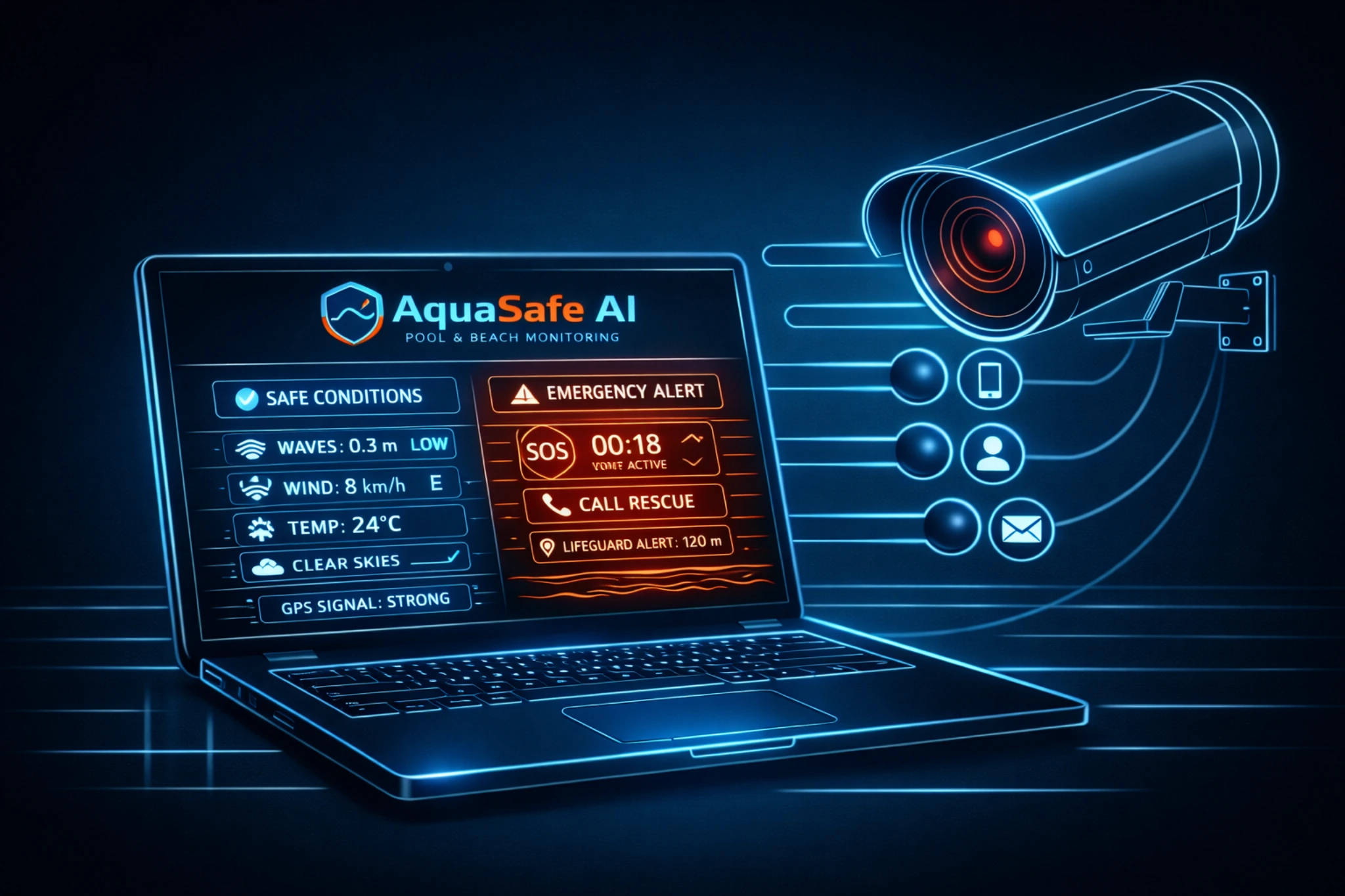 Control laptop view connected to cameras and routed staff alerts