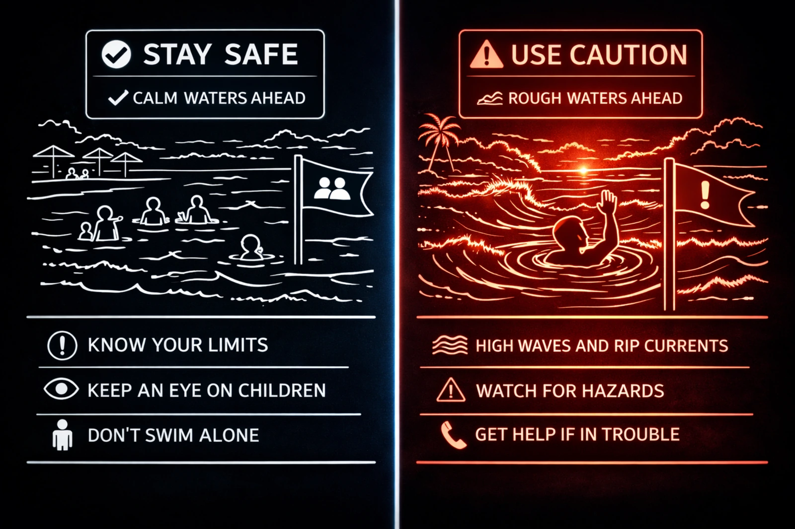 Safe beach conditions versus rough waters caution example