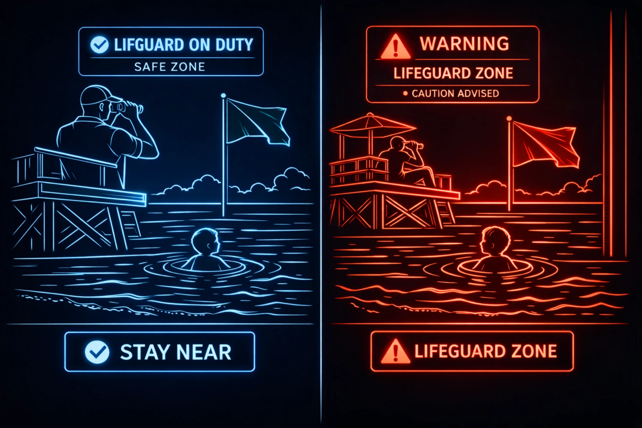 Beach guidance example with lifeguards and high-risk sea conditions