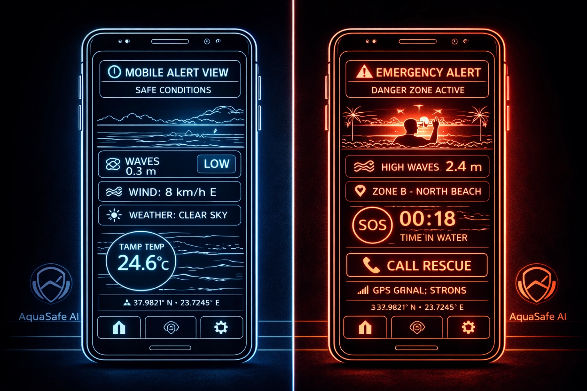 Mobile alert view with safe and alert states for beach and pool monitoring