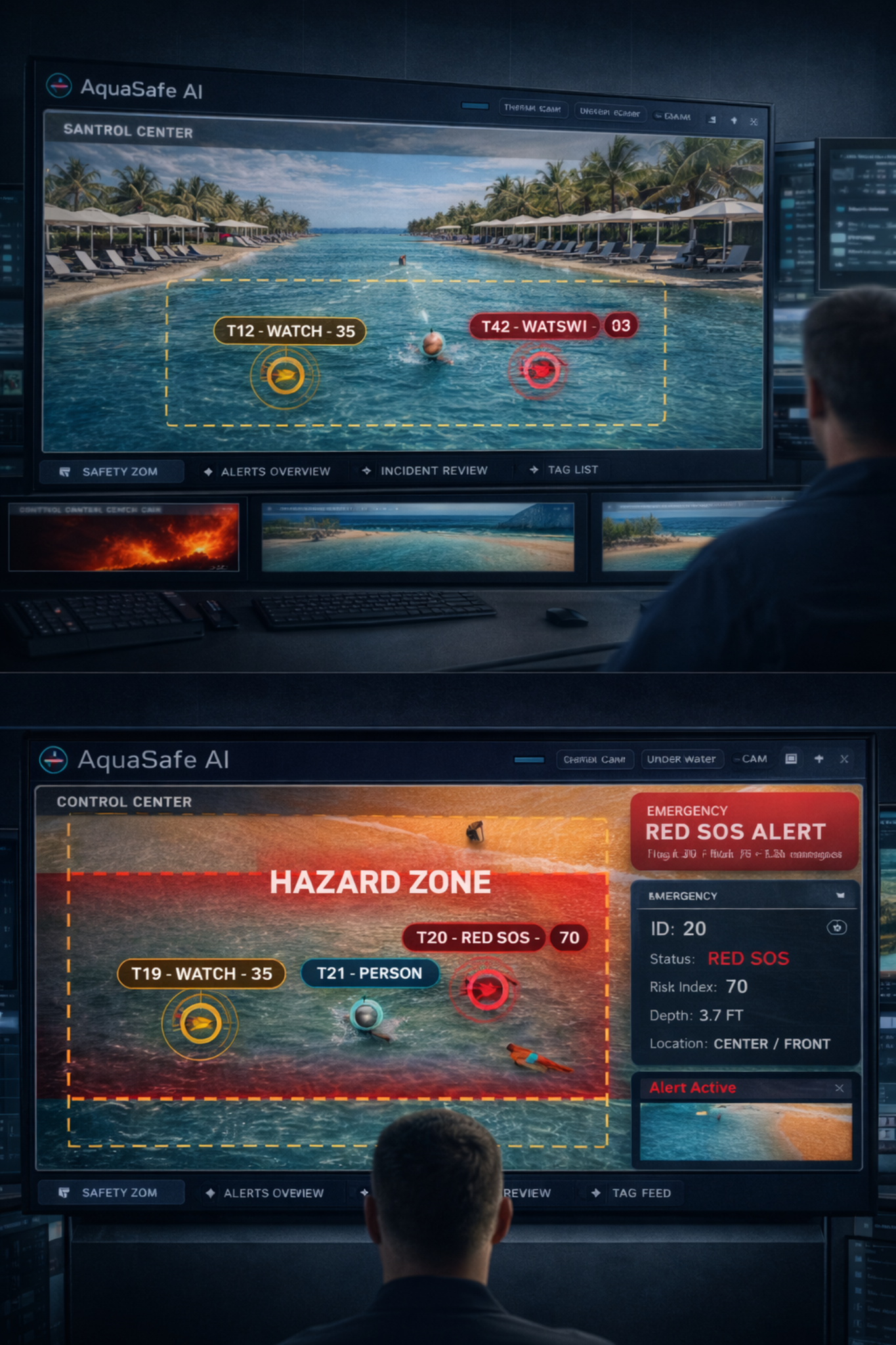 AquaSafe AI control center view for beach and pool monitoring