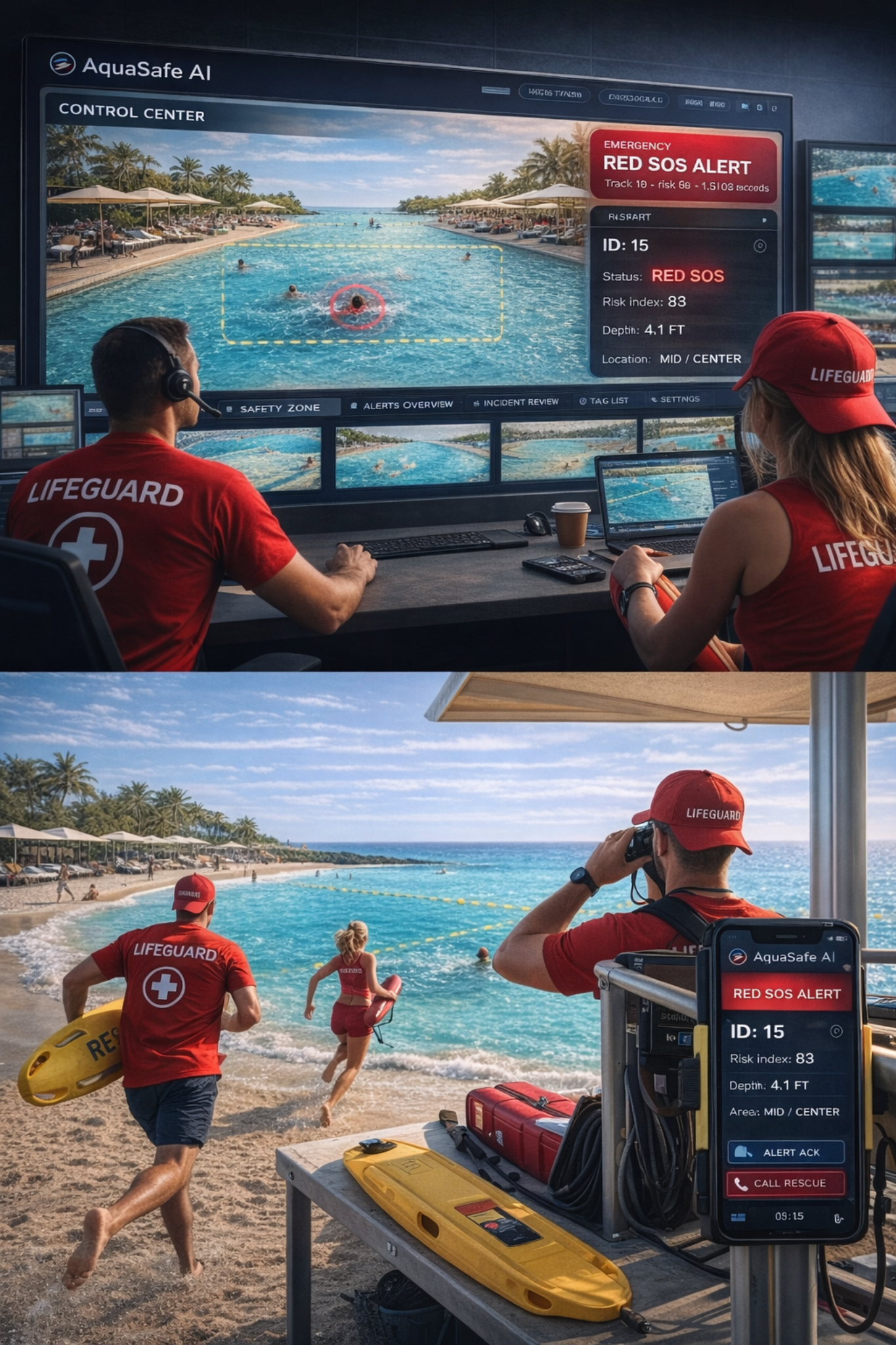 Lifeguard company control center and coordinated beach response using AquaSafe AI
